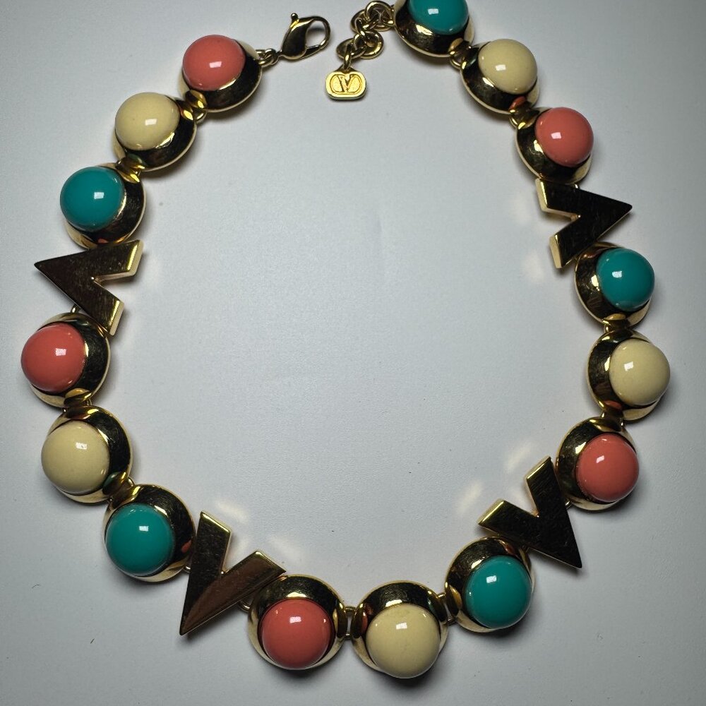 Valentino Bijoux Statement Necklace V Logo Gold Cabochon Vintage Style 18"